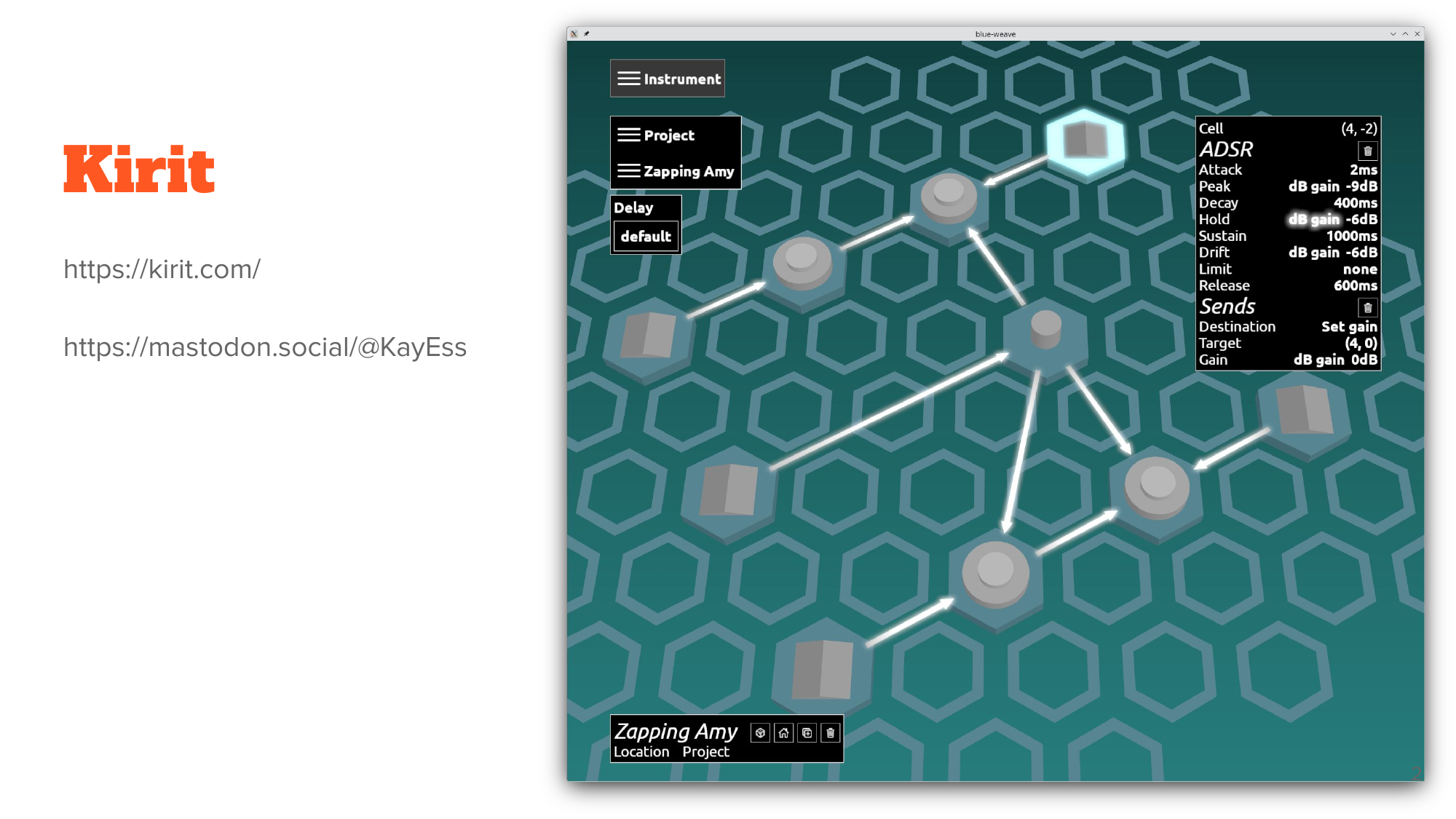 Intro slide linking kirit.com and Mastodon @KayEss, beside a screenshot of the Blue Weave synth's hex-grid editor and its ADSR panel