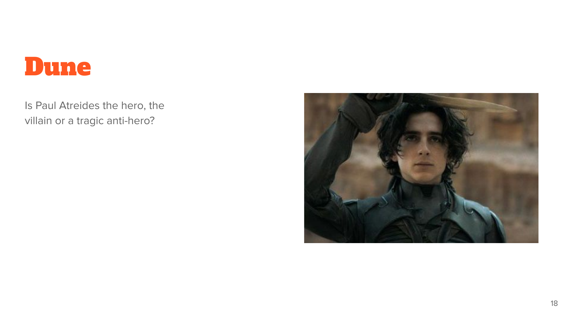 'Dune' - is Paul Atreides the hero, the villain, or a tragic anti-hero? beside a film still of Paul holding a crysknife